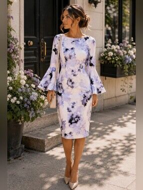 Calvin Klein Lavender and Black Floral Bell-Sleeve Midi Dress